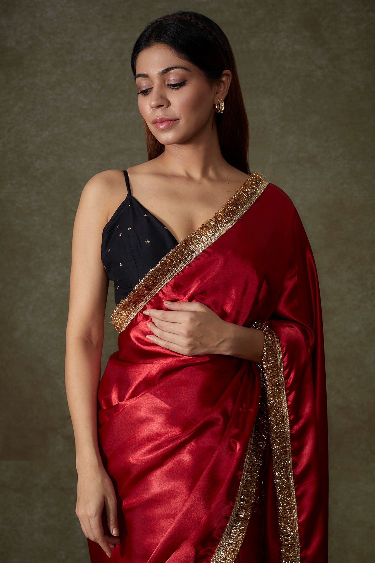Maria b red stitched saree